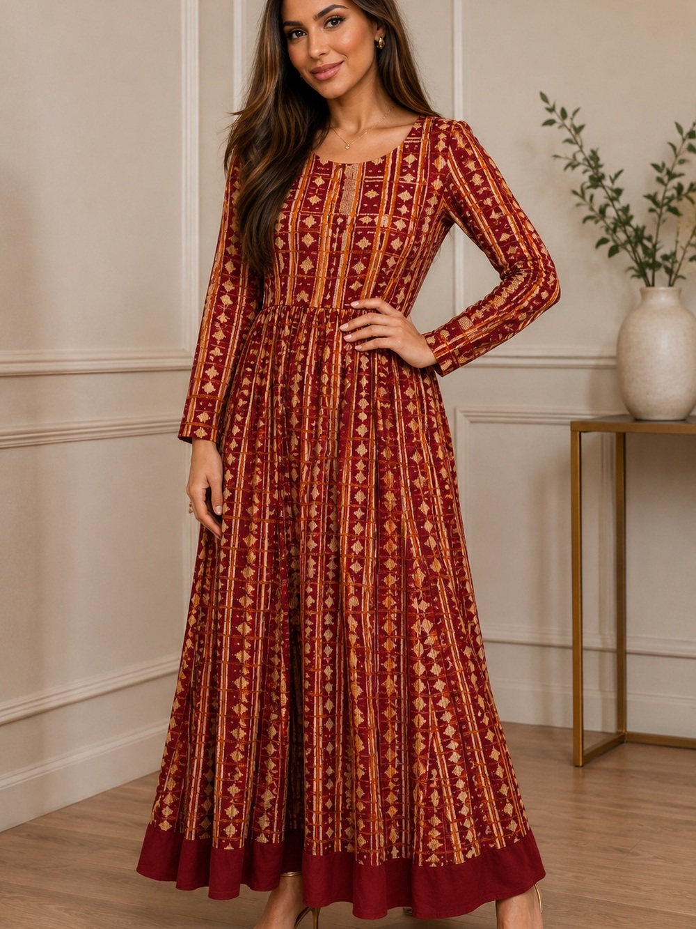 Ritu Kumar Burgundy and Mustard Printed Maxi Dress